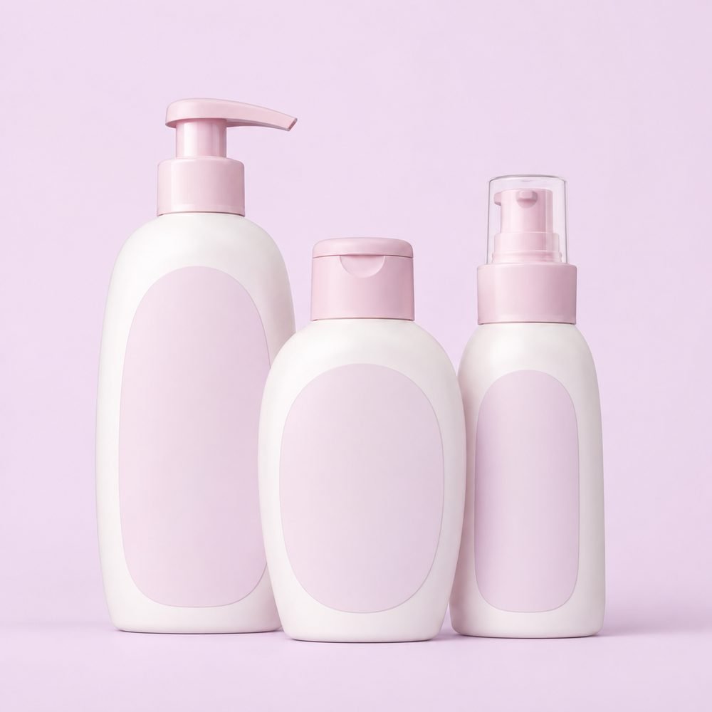 Flacons de soins et hygiène bébé aux tons roses — catégorie hygiène et bain